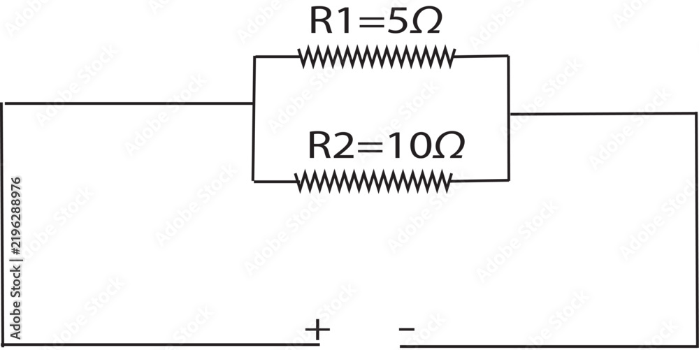 Obraz premium Parallel Resistor Circuit Diagram with R1 5 Ohm and R2 10 Ohm Electrical Components