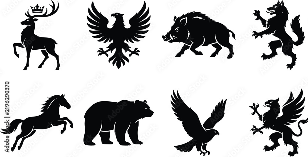 Obraz premium Black Animal Silhouette Collection with Heraldic Deer Eagle Bear Wolf Horse and Fantasy Creatures