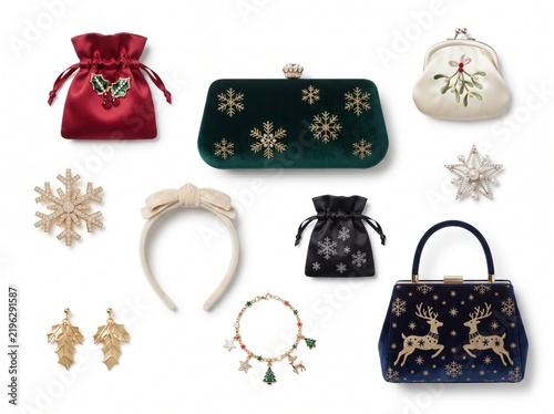 Collection of luxury velvet Christmas handbags pouches headbands and jewelry isolated on white background