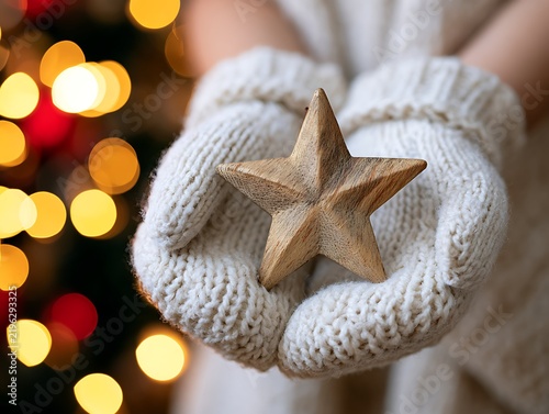 Hands in warm white knitted mittens holding a wooden star Christmas ornament against bokeh lights