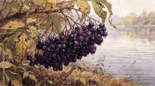 Elderberry branch with autumn leaves near misty lake watercolor