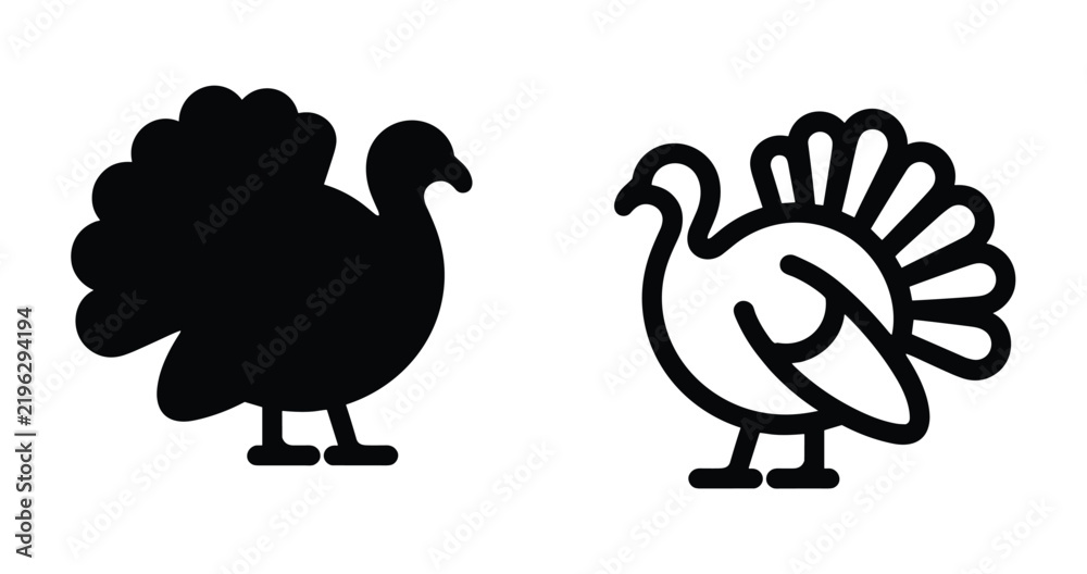 Fototapeta premium Two stylized turkey icons one solid black silhouette and one outline version