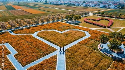 aerial view of heart shaped garden with walking path
