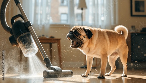 A pug realizing that the vacuum cleaner is not a noisy pet, but an apex predator that must be barked at continuously.  