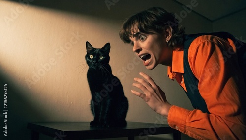 A cat staring blankly at a blank wall, dramatically describing an invisible, highly terrifying ghost to its panicked owner.  