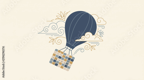 Vintage hot air balloon vector illustration, retro flying transport with checkered basket, antique aviation concept in clouds, elegant line art design