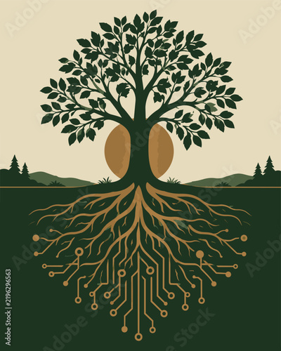 Digital tree of life with circuit board roots, technological nature concept vector, sustainable green technology and environmental innovation illustration