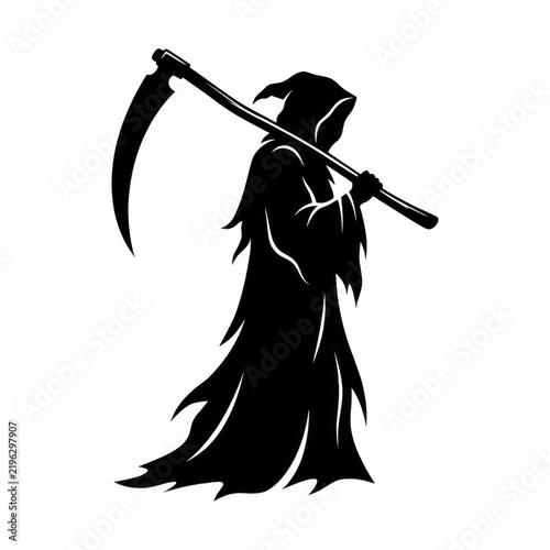 Black silhouette of grim reaper holding large scythe isolated on transparent background
