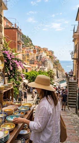 Woman shopping for ceramics in Vernazza Cinque Terre Italy