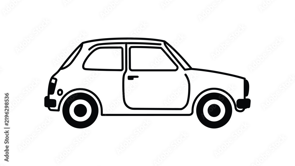 Fototapeta premium Classic compact car side view outline illustration, black and white vintage automobile line art isolated on white background, minimalist transportation icon for automotive design