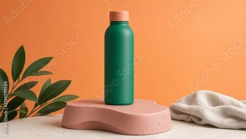 Green metallic water bottle with pink cap on minimalist pink platform against orange background