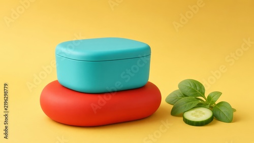 Two colorful stacked containers sit on a yellow surface alongside fresh basil leaves and a sliced cucumber.