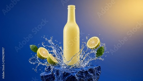 Fresh lemon slices and mint leaves splash around a bottle of pale beverage on a stone base against a blue background