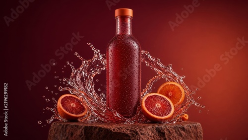 Blood orange juice bottles and sliced citrus fruits on a stone surface.