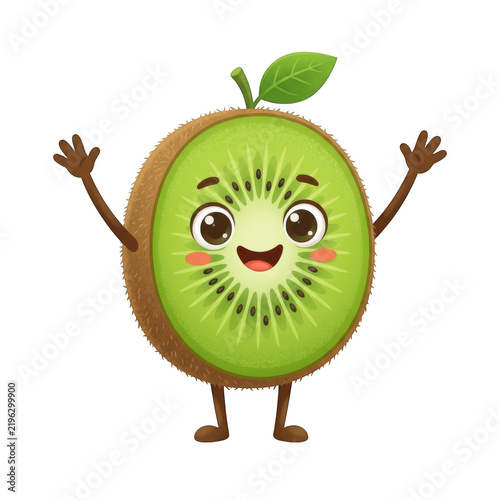 Cheerful cartoon kiwi fruit character waving arms with green leaf isolated on transparent background
