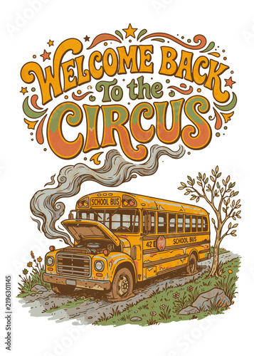 Vintage yellow school bus broken down retro vector illustration graphic isolated cutout graphic asset