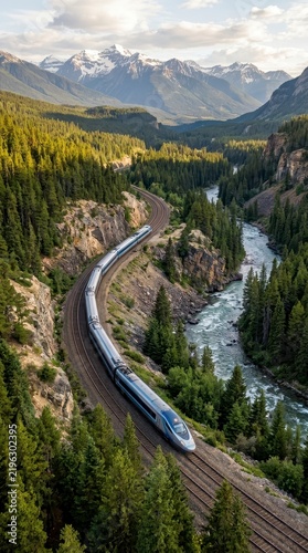 Scenic train traveling through mountain valley and forest