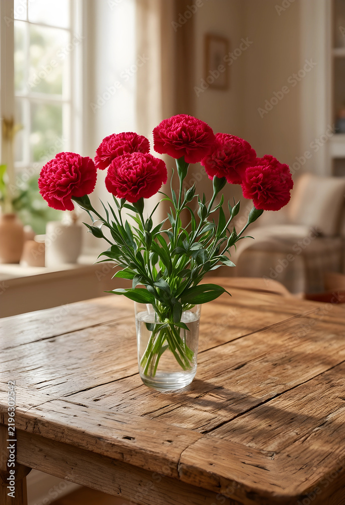 Obraz premium Interior design and home decor, red carnation flowers in a glass vase on a rustic wooden table in a sunlit living room with a cozy atmosphere