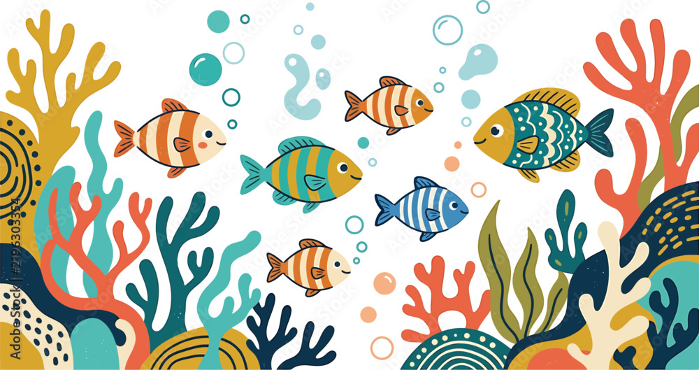Obraz premium Colorful tropical fish swimming among coral reefs and bubbles underwater with coral reef