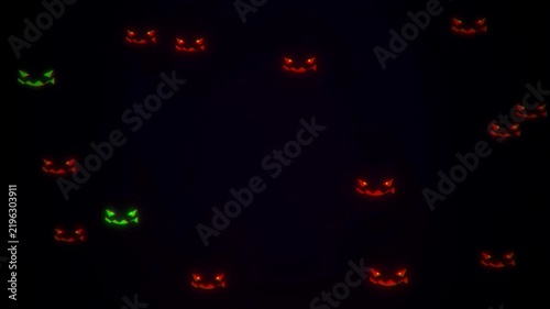 Jack lantern face halloween spooky orange green purple dark animation loop greeting pumpkin background floating throughout the screen as a digital holiday event backdrop for festive seasonal media