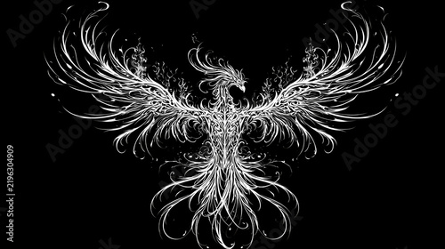 White Tribal Phoenix Bird Tattoo Art Illustration on Black Background