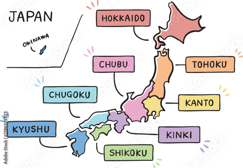ラフな線で描かれた日本地図の地域別イラスト素材