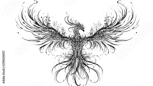 Black Tribal Phoenix Bird Tattoo Art Illustration on White Background