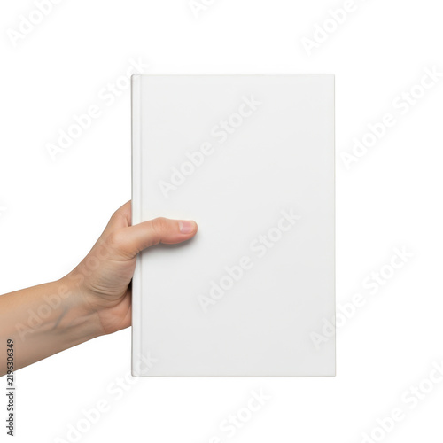 Hand holding white book isolated on transparent background