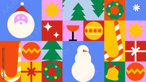 Christmas transition for checkered pattern with geometric minimal holiday icons and simple shapes forms