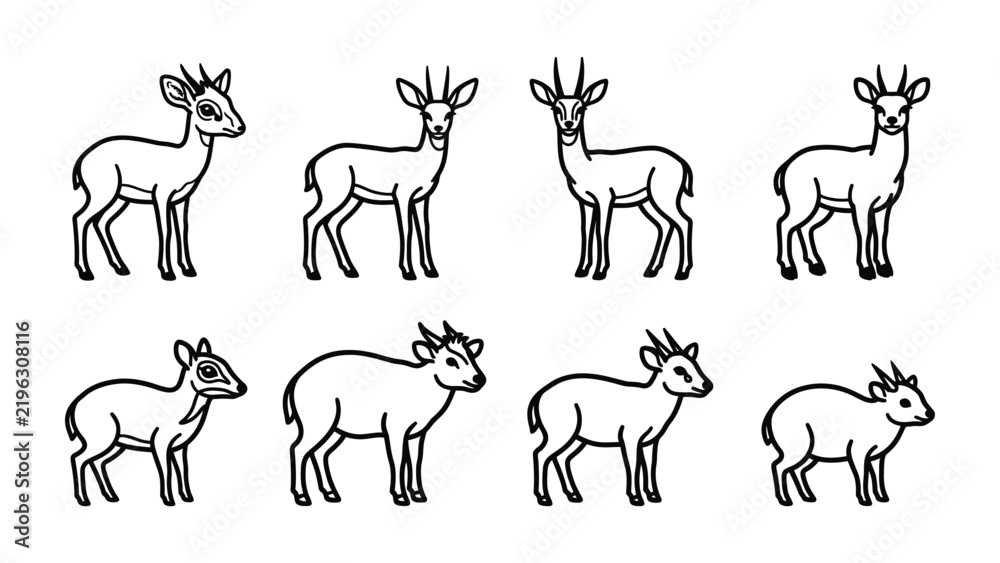 Fototapeta premium Set of Deer Silhouettes: A collection of eight stylized black and white illustrations of deer in various poses, showcasing their slender legs and elegant horns.
