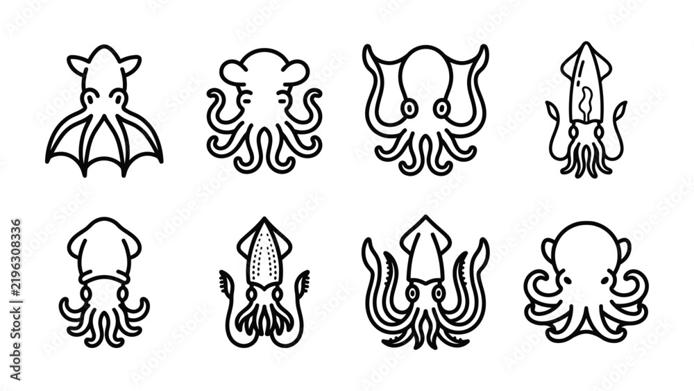 Fototapeta premium Octopus and Squid Icon Set: A collection of eight stylized, minimalist icons depicting various octopus and squid cephalopods.