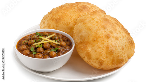 Chole bhature, fluffy fried bread with spicy chickpea curry, Indian street food