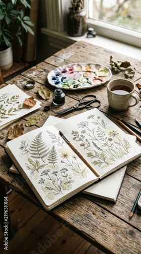 Botanical sketchbook and watercolor palette on rustic wooden table