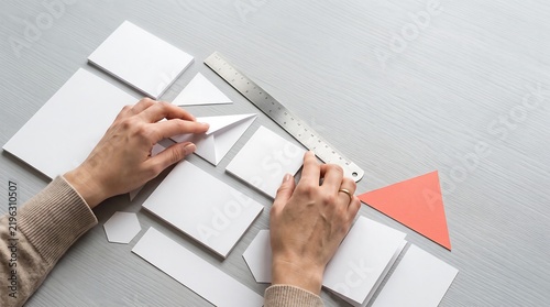 Person arranging blank white cards on a grey table
