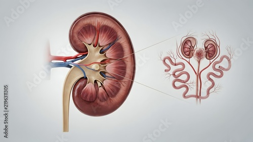 Detailed Illustration of Human Kidney and Urinary System with Close-up of Nephrons