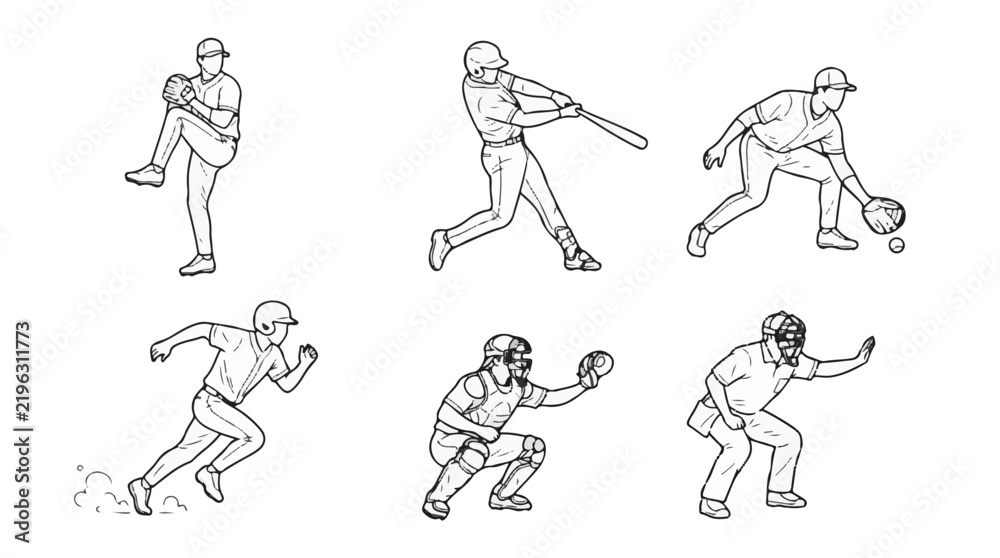 Fototapeta premium Baseball Players Action Poses Line Art Vector Illustration Set 