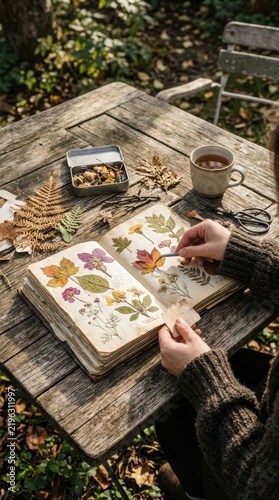 Person pressing autumn leaves in a herbarium book