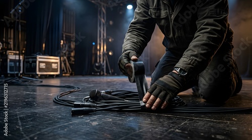 Stage technician securing audio cables with adhesive tape on concert venue floor