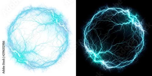 Fotografie Cyan electric lightning sphere of crackling energy ball glowing with veins for d