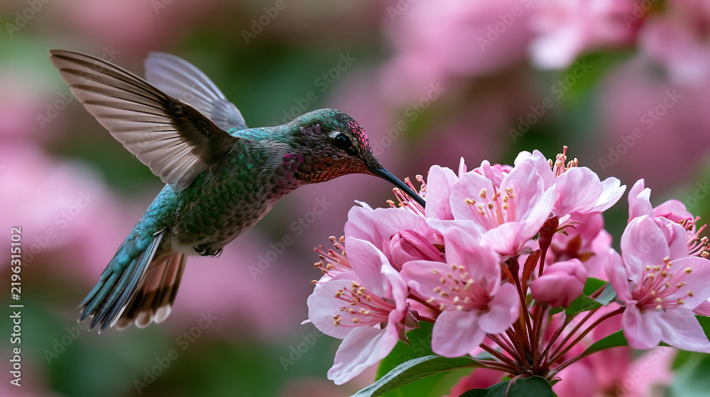 Obraz premium beautiful hummingbird hovering near pink flowers feeding on nectar representing wildlife nature beauty spring garden and bird photography concept