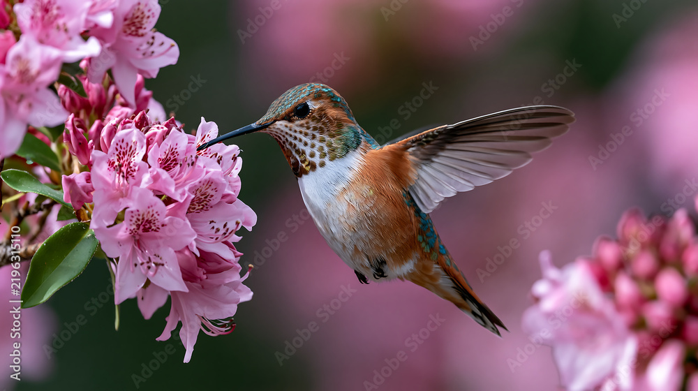 Obraz premium beautiful hummingbird hovering near pink flowers feeding on nectar representing wildlife nature beauty spring garden and bird photography concept