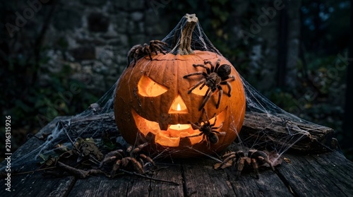 Spooky carved Halloween pumpkin Jack-o-lantern with a glowing candle light inside, covered in realistic spider webs and surrounded by large hairy tarantulas on a rustic wooden table at night.