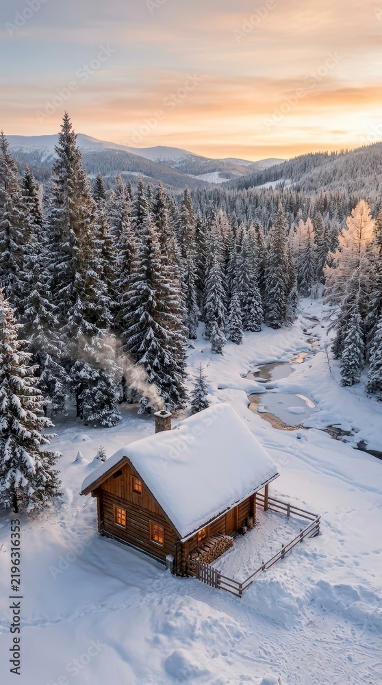 © PixelAI - Snowy mountain cabin in winter landscape