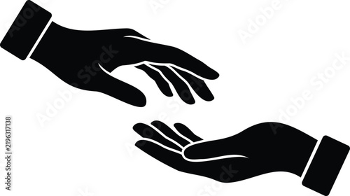 Two hands reaching towards each other silhouette black icon for charity concept design and social support symbols.