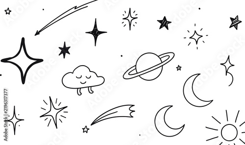 Hand drawn celestial doodle elements with stars moons and planets in a simple line art style