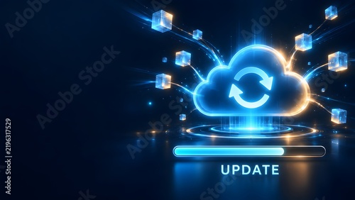 Fototapeta Futuristic cloud computing network interface illustrating a dynamic software update process with data synchronization and secure digital storage migration.