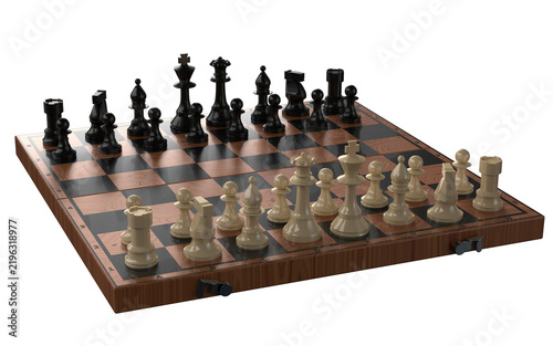 Chess pieces on the board in the starting position. Isolated. Transparent background. 3D Rendering.	
