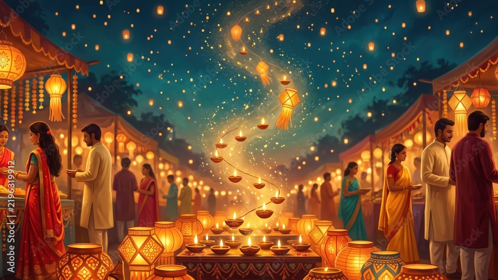 Fototapeta premium Diwali Night Market Glowing with Diyas – Festive Indian Celebration.