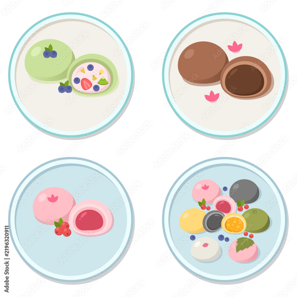 Fototapeta premium Plated Japanese Mochi Dessert Collection Featuring Fruit Parfait Chocolate Peach and Assorted Platter