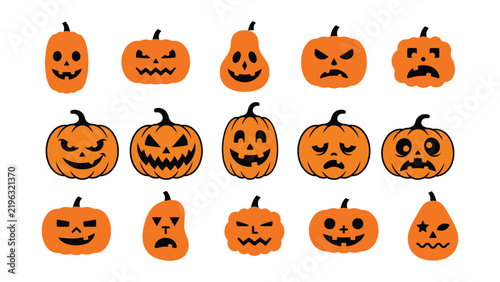 Spooky Halloween pumpkin clipart with scary and funny carved faces for autumn parties, haunted themes, crafts and stickers